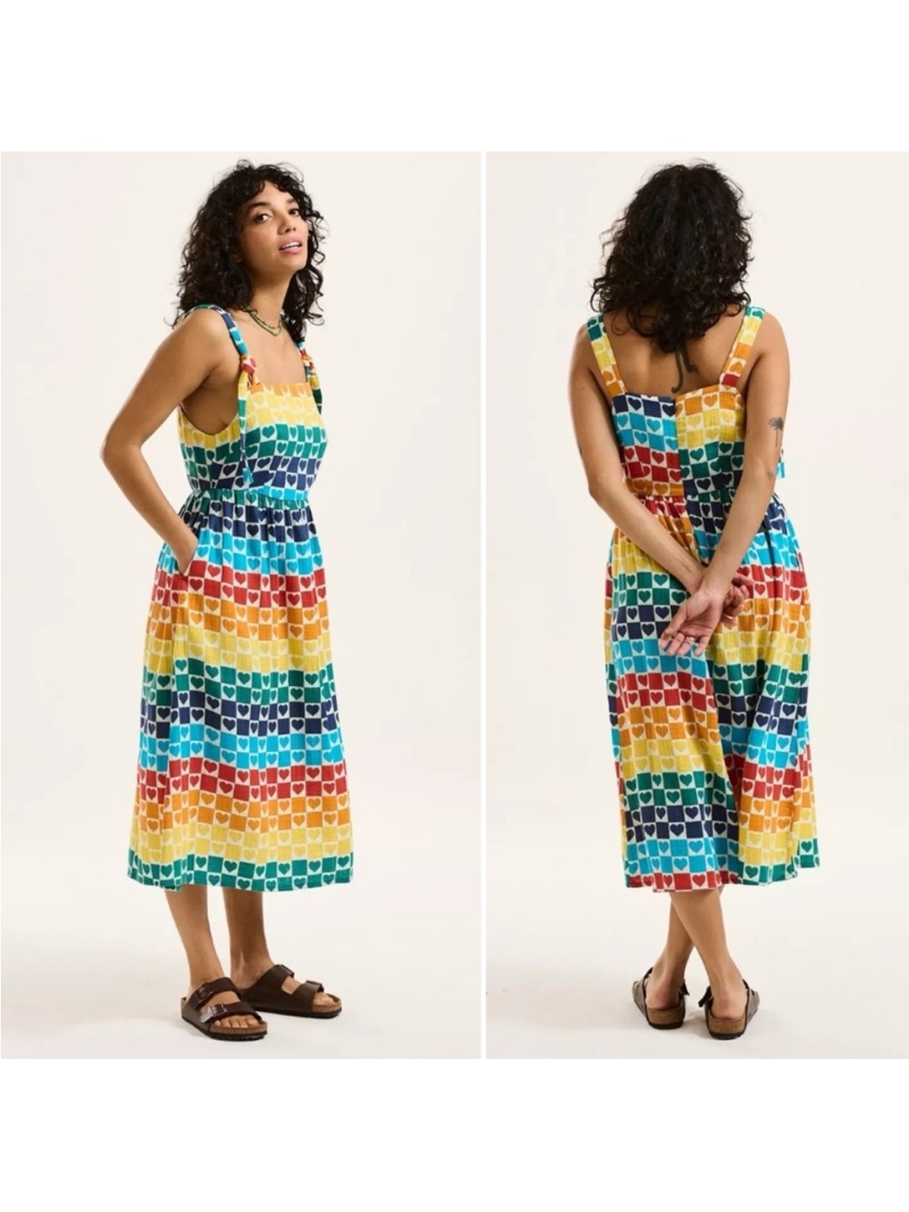 Lucy & Yak Faye Heart to Heart Rainbow Print Midi Dress 4 - Picture 2 of 14